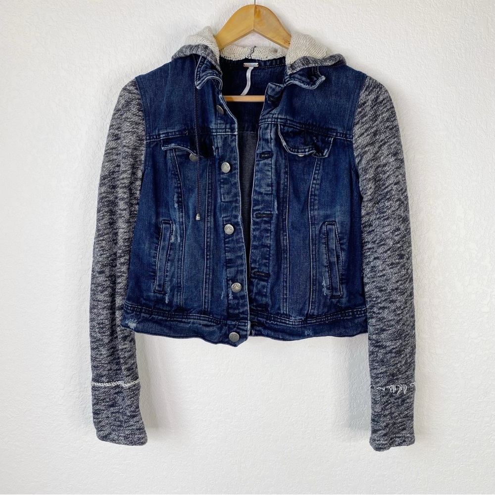 Free People Dark Wash Denim Distressed Blue Jean Jacket